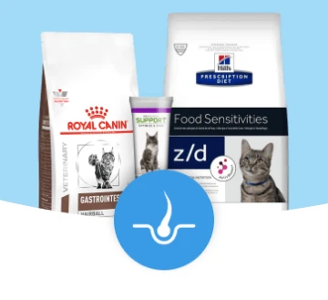 Différents aliments spécialisés pour chats avec sensibilités alimentaires et problèmes de boules de poils