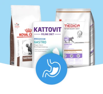 Aliments vétérinaires pour chats pour la santé gastro-intestinale de Royal Canin, Kattovit et Medica avec icône d'estomac