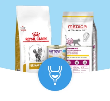 Produits diététiques vétérinaires pour chats soutenant la santé urinaire, comprenant Royal Canin, Kattovit et Medica avec une icône de vessie urinaire.