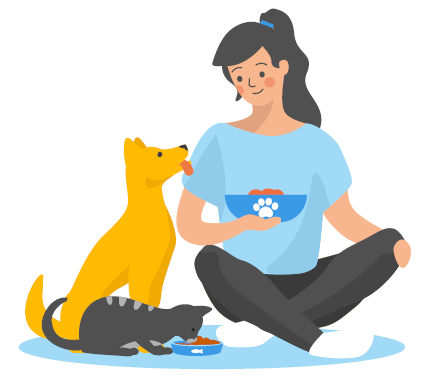 Dr_FN_Image Frau sitzt im Schneidersitz und füttert ihren Hund und ihre Katze mit Futter aus blauen Schalen mit Pfotenabdruck.