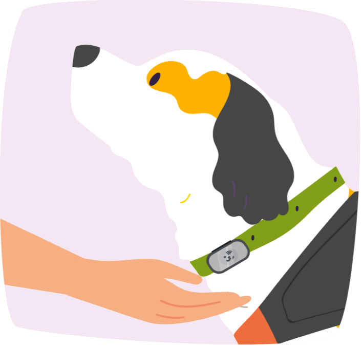Illustration eines Hundes mit grünem Smart-Halsband und menschlicher Hand unter dem Kinn