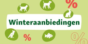 Winteraanbiedingen voor huisdierproducten met pictogrammen van kat, hond, konijn, vogel en vis op groene achtergrond