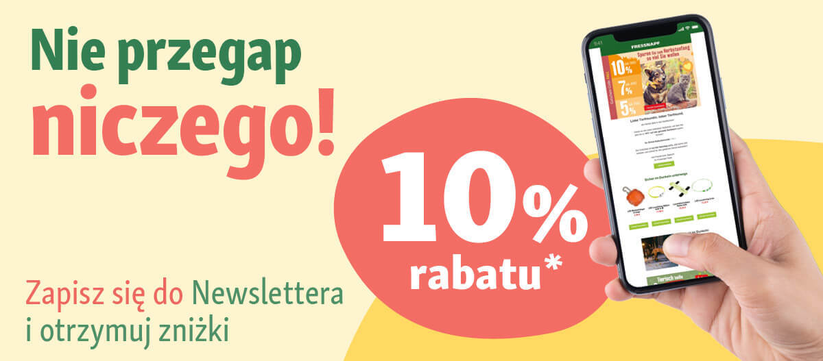 Ręka trzyma smartfon z newsletterem, 10% rabatu, zapisz się do newslettera i otrzymuj zniżki