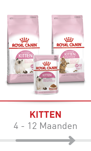 Supermarkt schap met diverse katten- en hondenvoeding in blik en verpakkingen