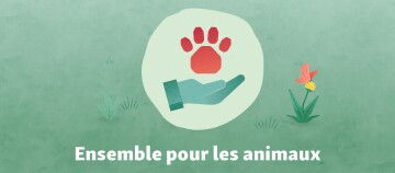 Illustration d’une main tenant une patte d’animal rouge avec le texte « Ensemble pour les animaux » sur fond vert