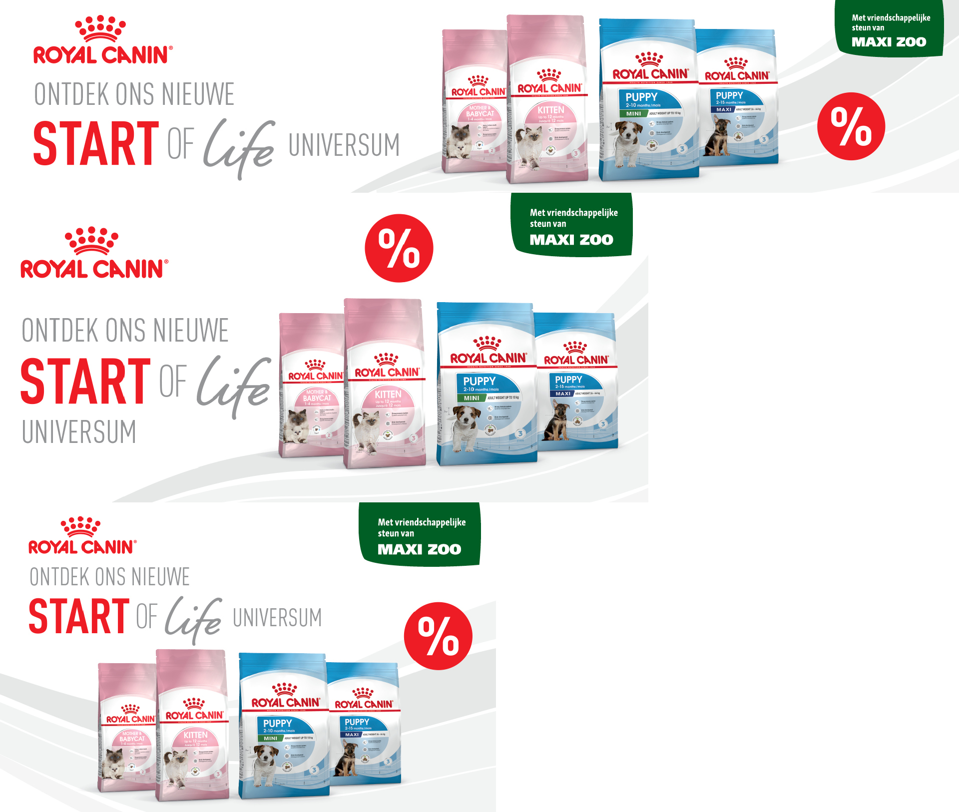 Royal Canin Start of Life katten- en hondenvoer voor puppy’s en kittens met Maxi Zoo ondersteuning en kortingsactie.