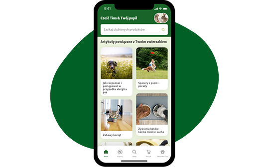 Ekran smartfona z aplikacją dla zwierząt domowych w języku polskim, pokazujący artykuły o spacerach z psem, alergiach u psów, zabawach kocich i żywieniu kotów.