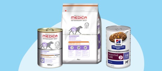Veterinaire dieet hondenvoer voor spijsverteringsproblemen, Petbalance Medica Schonkost blik en zak met gevogelte en rijst, Hill's Prescription Diet Digestive Care blik.