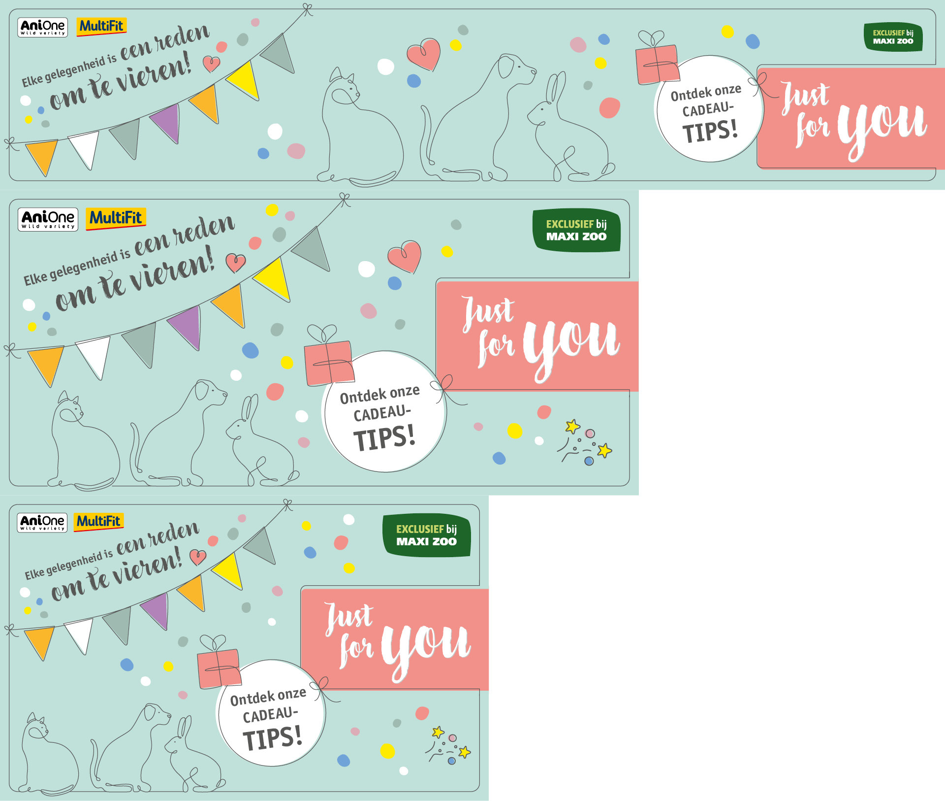 Feestelijke reclamebanners met schattige dierenillustraties (kat, hond, konijn), kleurrijke vlaggetjes en Nederlandse teksten die cadeau-ideeën en exclusieve aanbiedingen bij Maxi Zoo promoten.
