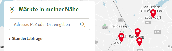 Karte mit Markierungen für Märkte in der Nähe von Salzburg und Suchfeld für Adresse oder PLZ