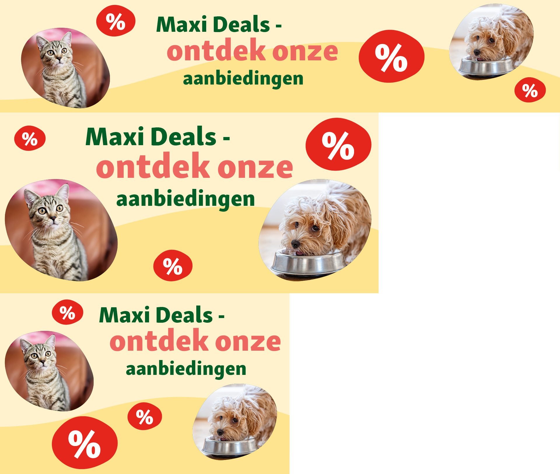 Maxi Deals banner met aanbiedingen voor huisdierproducten, kat en hond bij voerbak, kortingspercentages