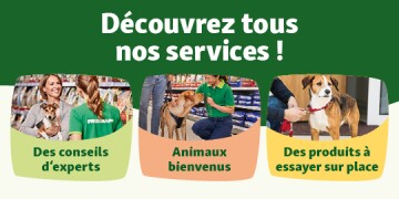 Découvrez tous nos services avec conseils d’experts, animaux bienvenus et produits à essayer sur place
