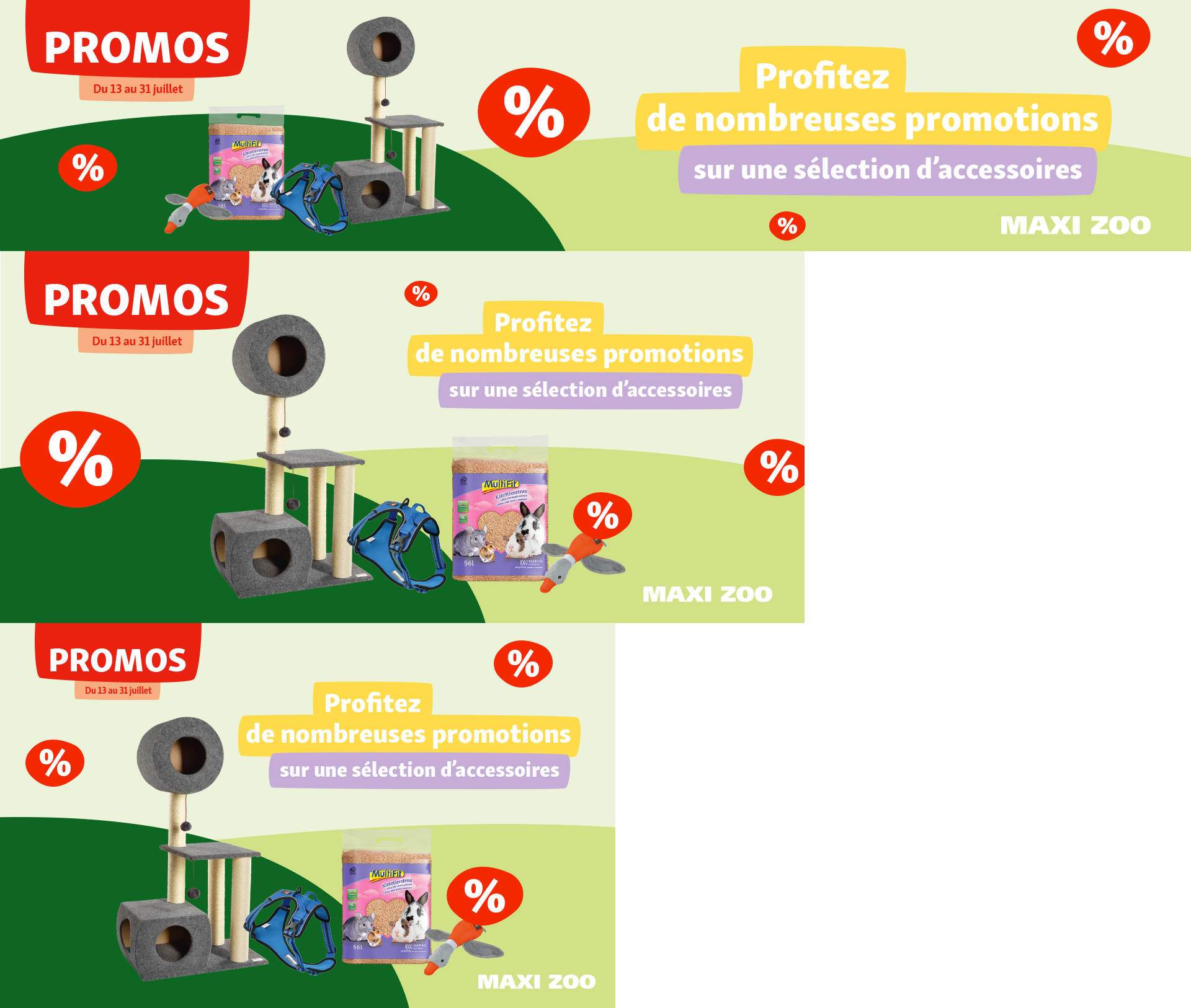Bannière promotionnelle Maxi Zoo avec offres d'été sur accessoires pour animaux, comprenant arbre à chat, harnais, litière pour petits animaux et jouet, du 13 au 31 juillet