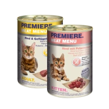 Two cans of PREMIERE MEAT MENU cat food, one for adults with beef and poultry, one for kittens with beef and turkey hearts, grain-free formula with 100% fresh meat.