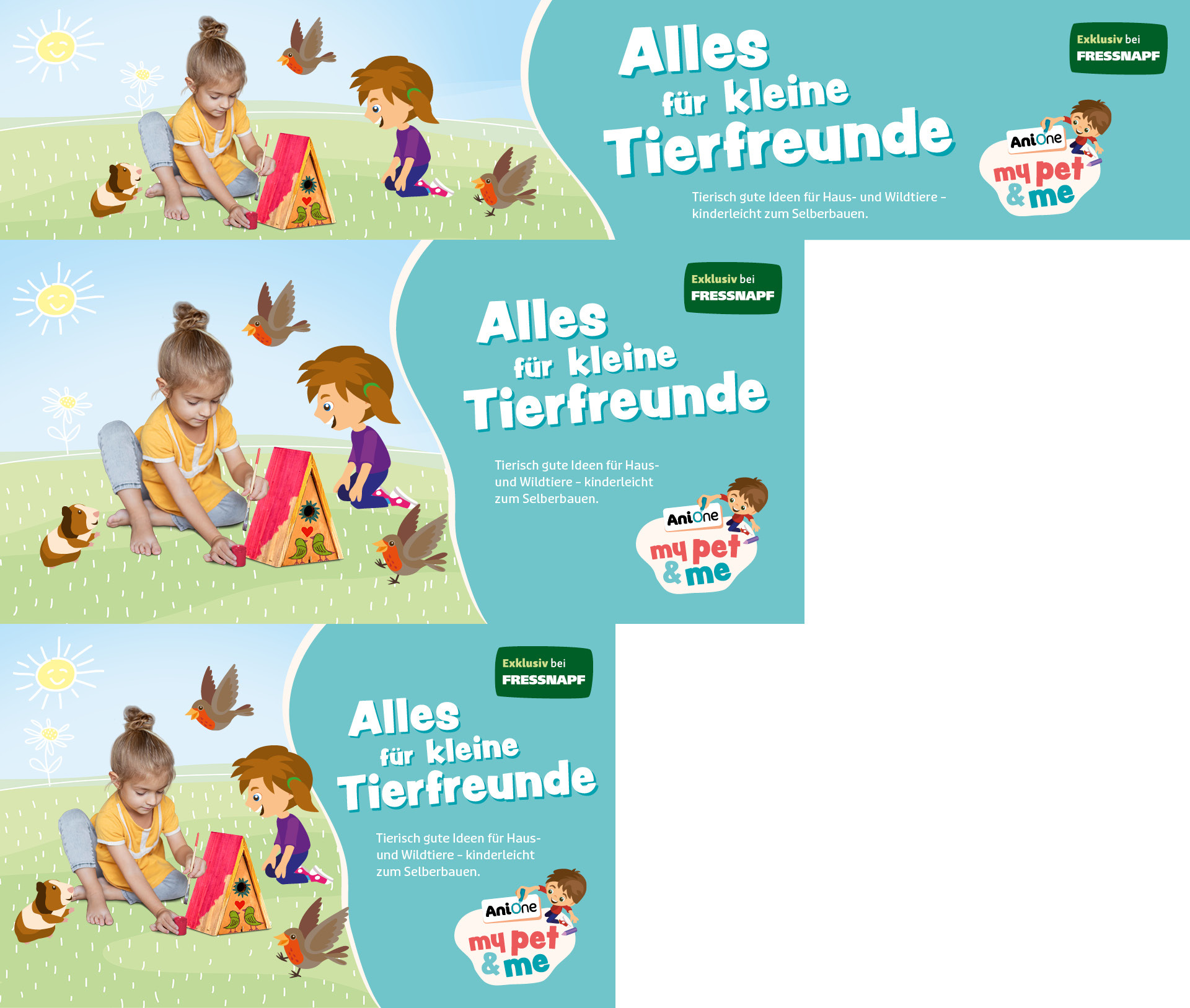 Kind malt Vogelhaus im Freien, umgeben von Tieren und einem Cartoon-Kind, Werbung für kinderfreundliche Tierprojekte bei Fressnapf.