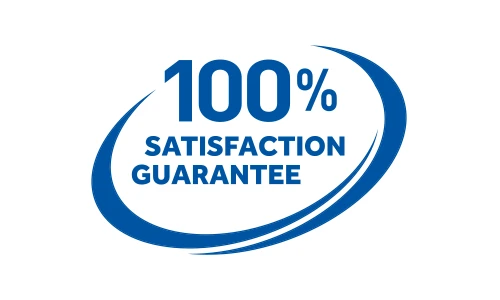 100% Zufriedenheitsgarantie blaues Logo mit dynamischem Schwung