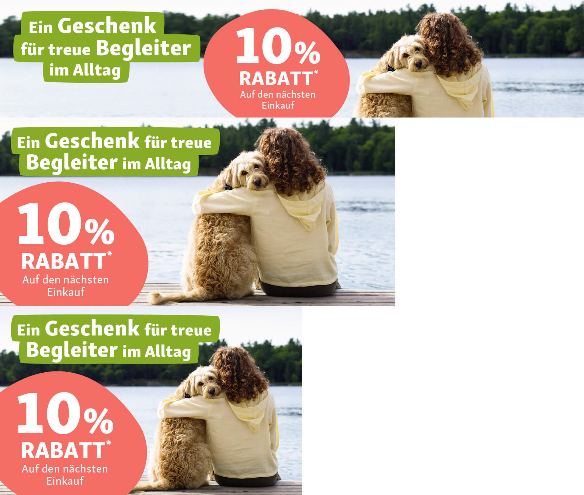 Frau umarmt ihren Hund am Seeufer, 10% Rabatt auf den nächsten Einkauf für treue Begleiter im Alltag.