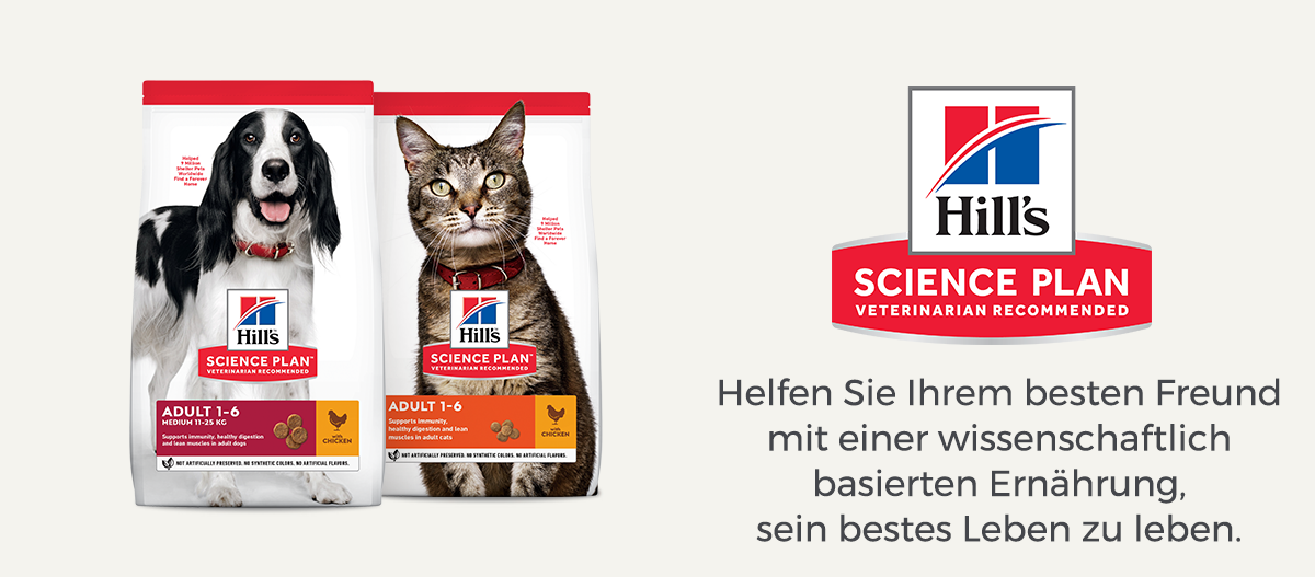 DE_Navigation_SP Hill's Science Plan Hundefutter und Katzenfutter für erwachsene Tiere, unterstützt Immunität, Verdauung und Muskelaufbau, wissenschaftlich empfohlen.