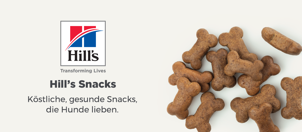 DE_Navigation_Treats Hill’s Snacks Hundeleckerlis in Knochenform, köstliche und gesunde Snacks für Hunde, Hill’s Logo und Slogan.