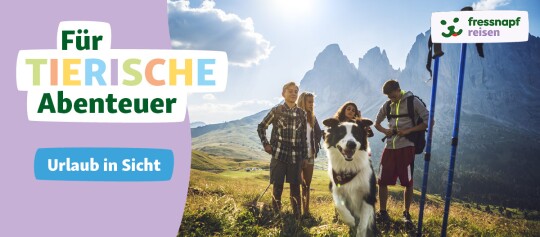Junge Menschen wandern mit einem glücklichen Hund in den Bergen – Werbung für tierfreundliche Abenteuerreisen von Fressnapf Reisen.