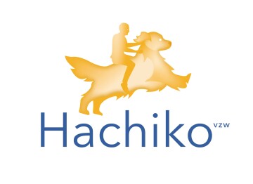 Hachiko-logo met een springende goudgele hond en een persoon die op zijn rug zit, moderne blauwe letters.