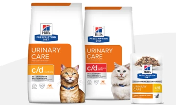 Hill's Prescription Diet Urinary Care Katzenfutter c/d Multicare Trocken- und Nassfutter mit Bildern von Katzen, veterinär empfohlen.