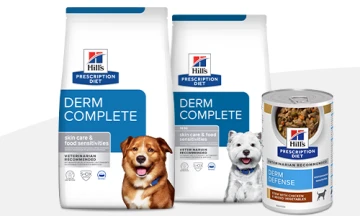 Hill's Prescription Diet Derm Complete und Derm Defense Hundefutter für Hautpflege und Futtermittelunverträglichkeiten mit Trocken- und Nassfutter
