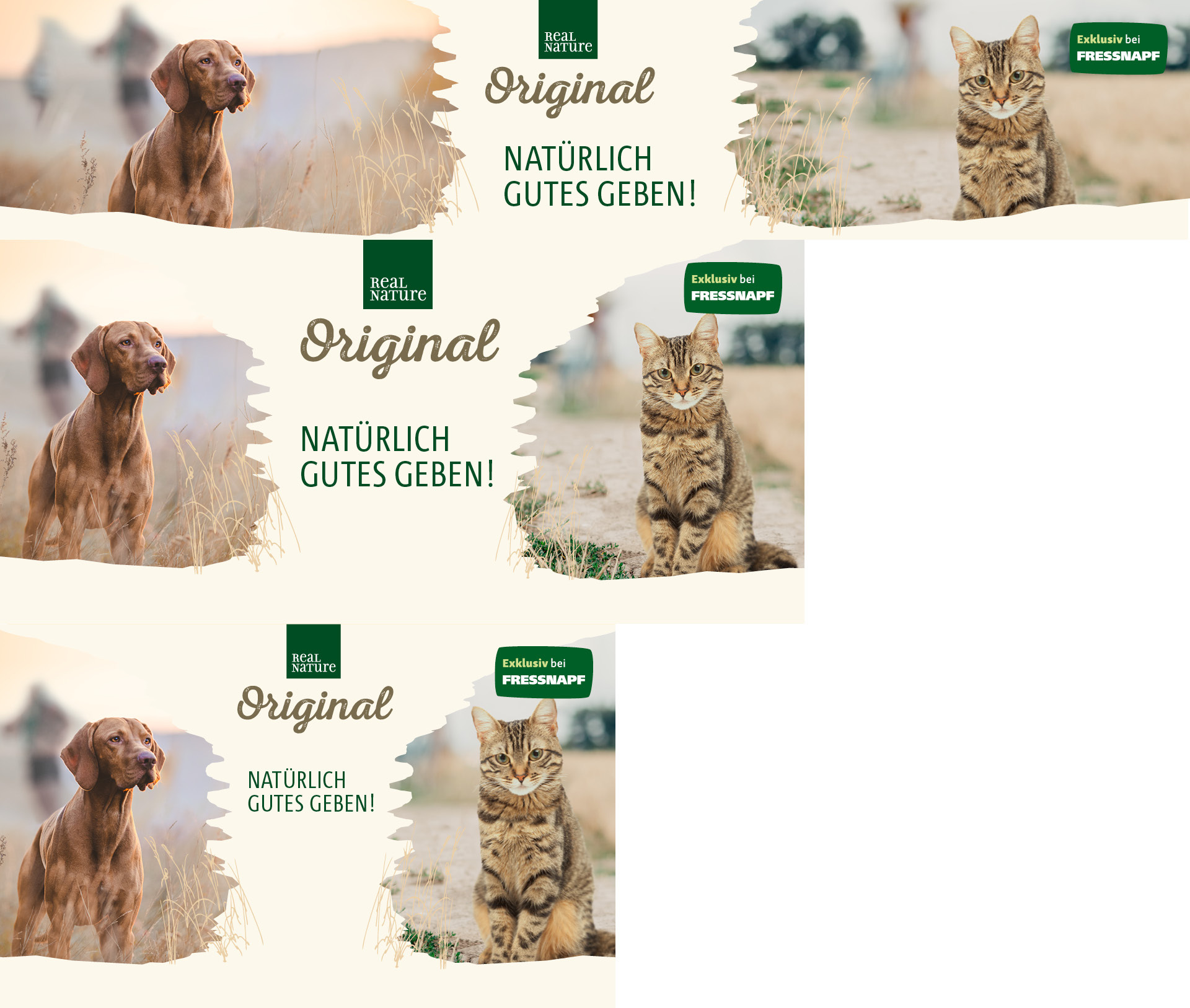 Real Nature Original Haustierfutter Banner mit Hund und Katze in natürlicher Umgebung, exklusiv bei FRESSNAPF