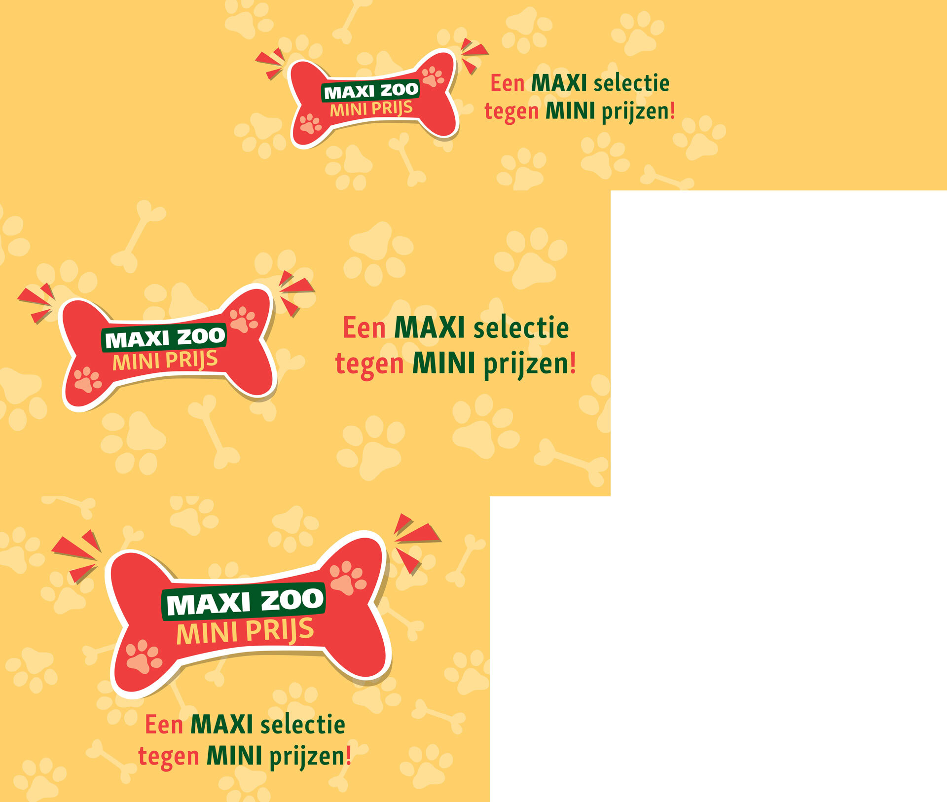 MAXI ZOO promotieafbeelding met rood botlogo en tekst 'Een MAXI selectie tegen MINI prijzen' op oranje achtergrond met poot- en botpatronen