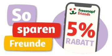 Fressnapf Friends 5% Rabatt auf dem Smartphone-Bildschirm mit dem Text 'So sparen Freunde' in bunten Blöcken