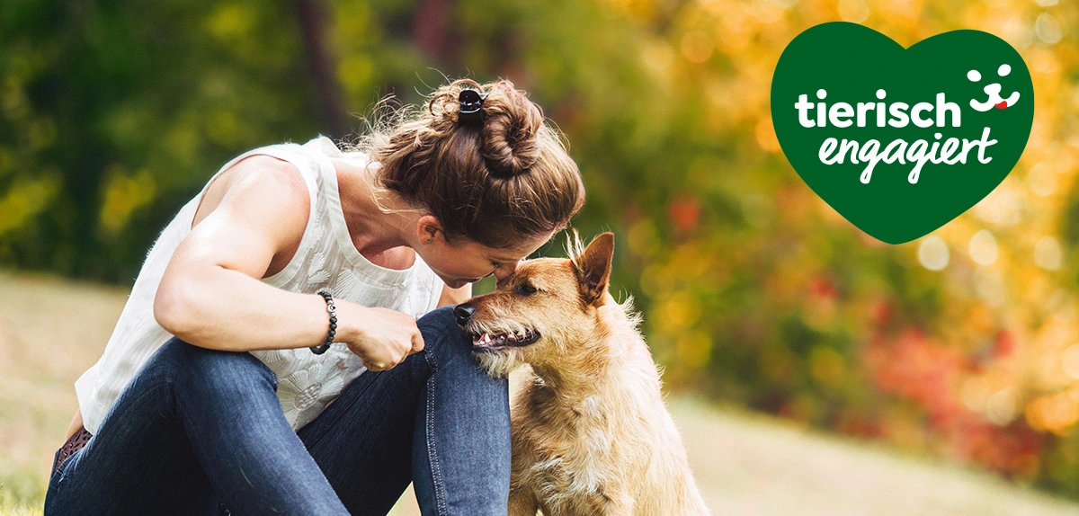 Frau sitzt im Freien und zeigt liebevolle Zuneigung zu ihrem Hund, herbstliche Natur im Hintergrund, tierisch engagiert-Logo