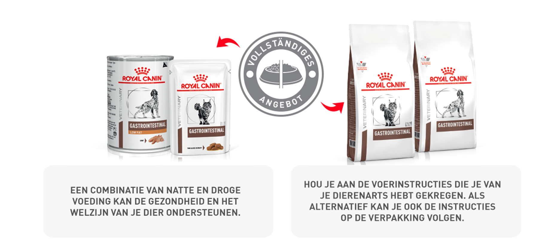 Royal Canin Veterinary Gastrointestinal natte en droge voeding voor katten en honden ter ondersteuning van gezondheid en welzijn.