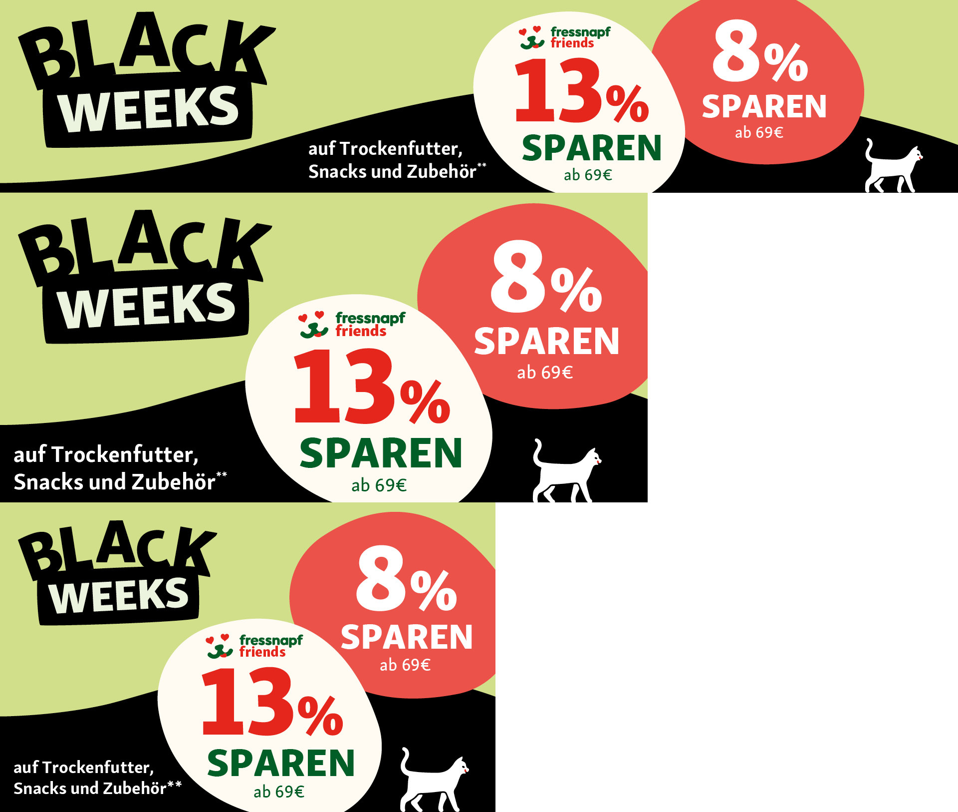 Black Weeks Rabattaktion bei Fressnapf mit 13% und 8% Rabatt auf Trockenfutter, Snacks und Zubehör ab 69 Euro, mit Katzen-Silhouette