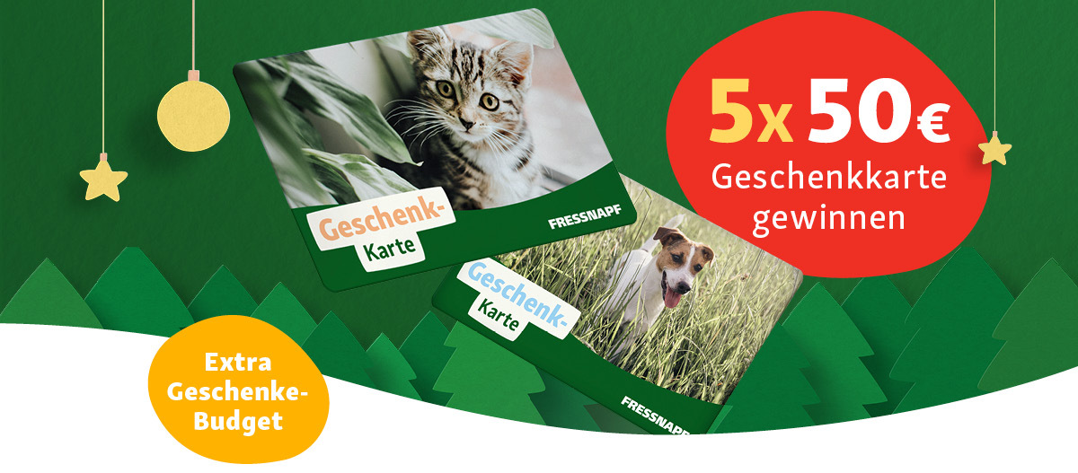 Fressnapf-Geschenkkarte mit Katze und Hund, 5x 50€ Geschenkkarten gewinnen, festliches Weihnachtsdesign mit Tannenbäumen und Dekoration.