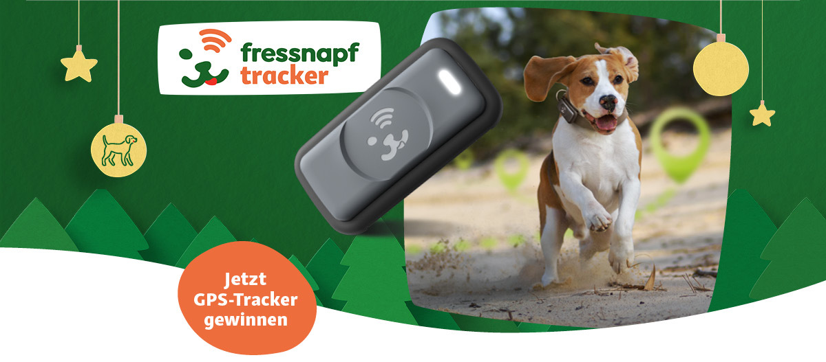 Fressnapf GPS-Tracker für Hunde mit Bild eines laufenden Hundes und Gewinnspielaufruf
