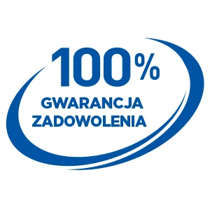 Logo 100% gwarancja zadowolenia w niebieskim kolorze z dynamicznym owalnym kształtem