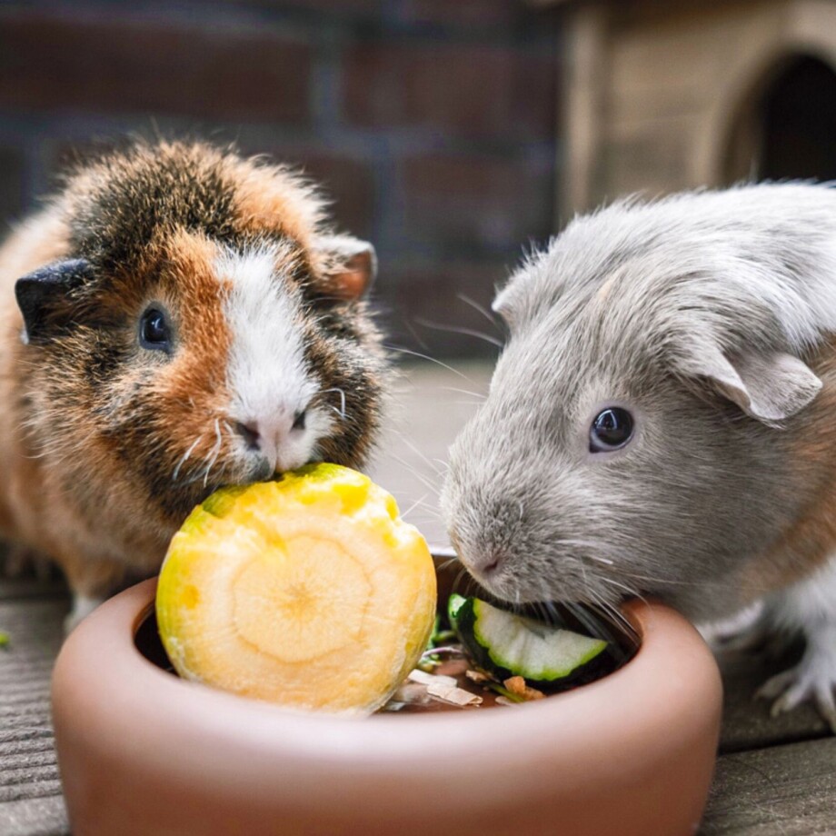 Zwei Meerschweinchen fressen