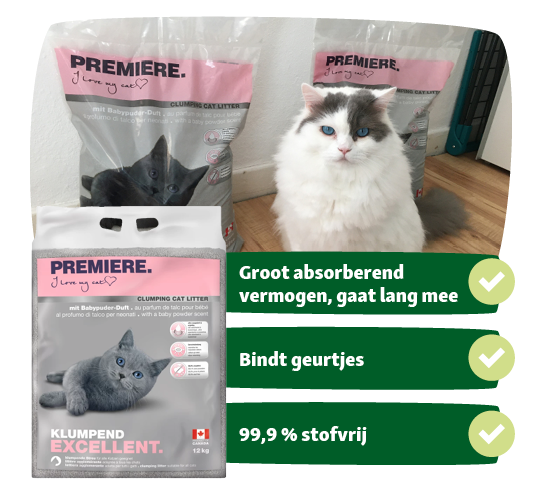 BE_KW51_EB_Kampagne_LW29 PREMIERE klontvormende kattenbakvulling met babypoedergeur, grijze kitten op verpakking, pluizige witte en grijze kat ernaast, groot absorberend vermogen, bindt geurtjes, 99,9% stofvrij