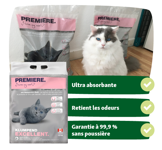 Chat blanc et gris à poils longs à côté de sacs de litière agglomérante PREMIERE avec parfum de talc pour bébé, ultra absorbante, retient les odeurs et garantie sans poussière à 99,9 %.