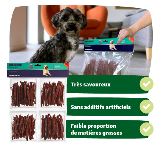 Petit chien assis devant un paquet de friandises pour chiens PREMIERE à la poitrine de canard, très savoureux, sans additifs artificiels, faible teneur en matières grasses