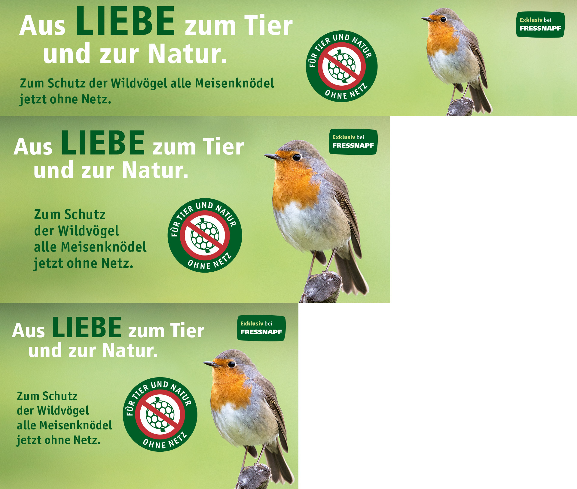 Werbebanner mit Rotkehlchen und Text zum Schutz von Wildvögeln durch Meisenknödel ohne Netz, exklusiv bei Fressnapf