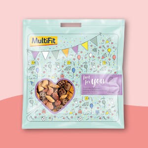 MultiFit Leckerlis für Haustiere in einer pastellfarbenen Verpackung mit Herzfenster und festlichem Design.
