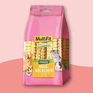 MultiFit Nature Snacks babymaïs voor kleine huisdieren zoals konijnen, hamsters en cavia's, natuurlijke traktatie in roze verpakking