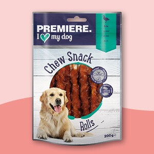 PREMIERE Hundesnack Chew Snack Rolls mit Hähnchen, 200g, Verpackung mit Golden Retriever Hund