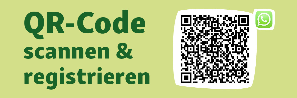 FN_Whatsapp_Landingpage_Fullsize_flach QR-Code zum Scannen und Registrieren mit WhatsApp-Logo auf grünem Hintergrund