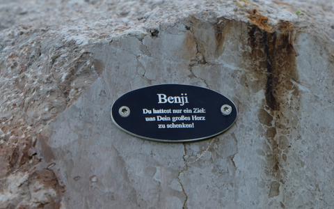 Gedenktafel für Benji mit der Inschrift 