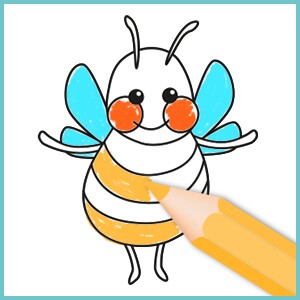 Abeille dessin animé mignonne avec ailes bleues et joues rouges coloriée avec un crayon jaune