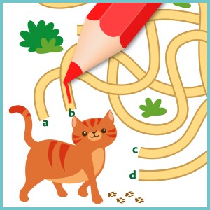Labyrinthe pour enfants avec un crayon rouge indiquant le chemin correct vers un chaton orange