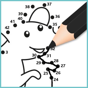 Gros plan d'un crayon noir reliant des points numérotés dans un jeu de relier les points pour créer un personnage de dessin animé