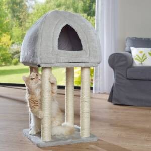 Arbre à chat gris avec poteaux à griffer en sisal et petite maison, chat orange grimpe, salon confortable avec sol en bois et fauteuil gris